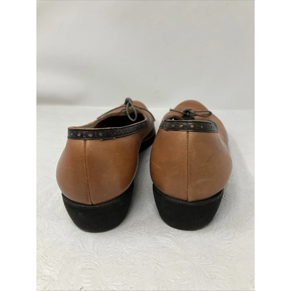 Vintage Ferragamo Shoes Womens 10 B Brown Black Trim Lace Up Oxford Flats Italy